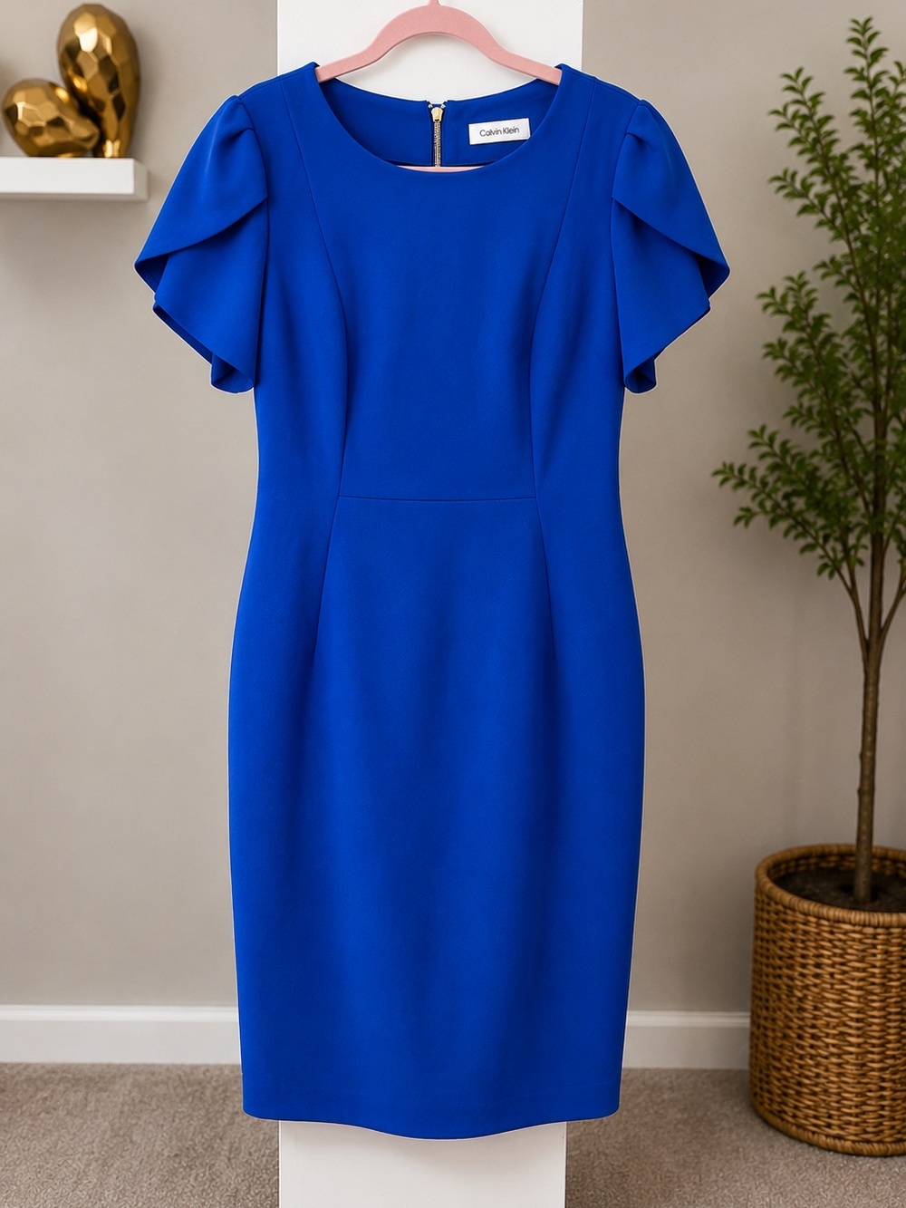 Calvin Klein Cobalt Blue Tulip Sleeve Sheath Dress Size 14 Career Cocktail